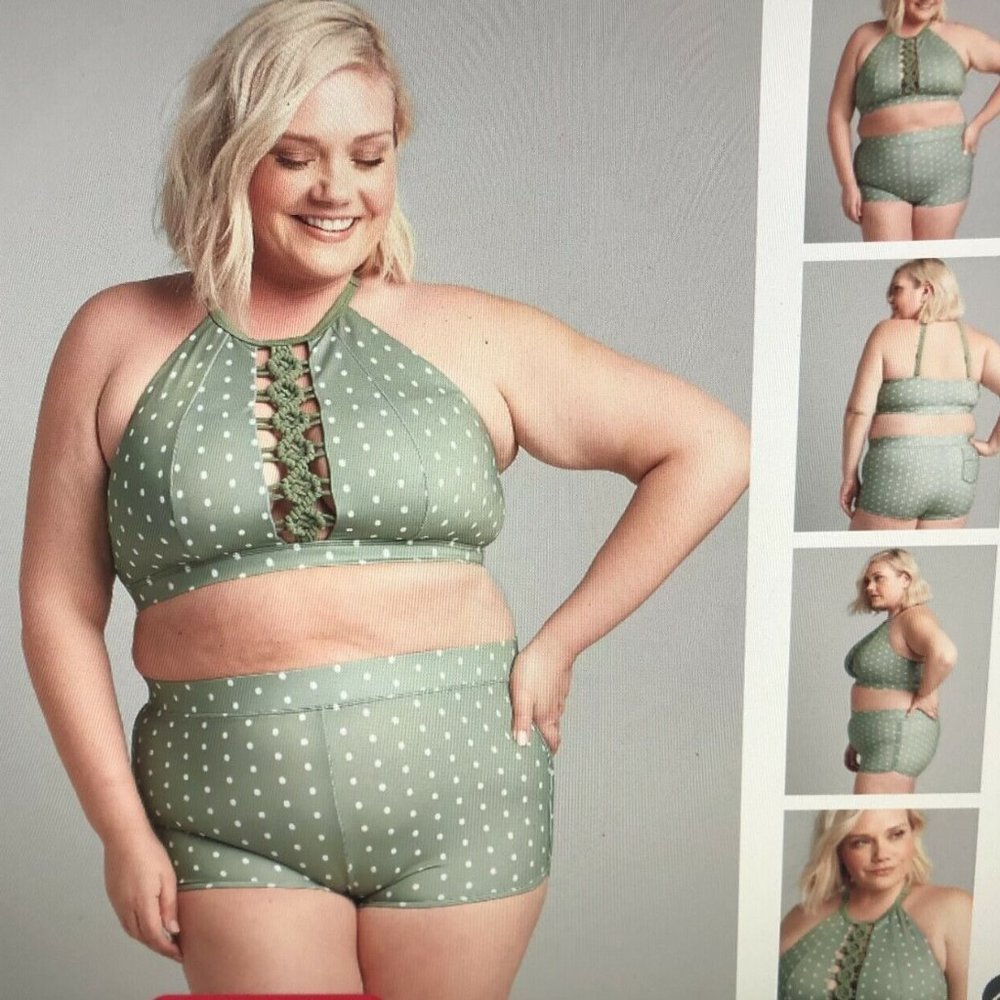 Swim by Cacique (Lane Bryant) 20 green dot bikini top with macrame detail